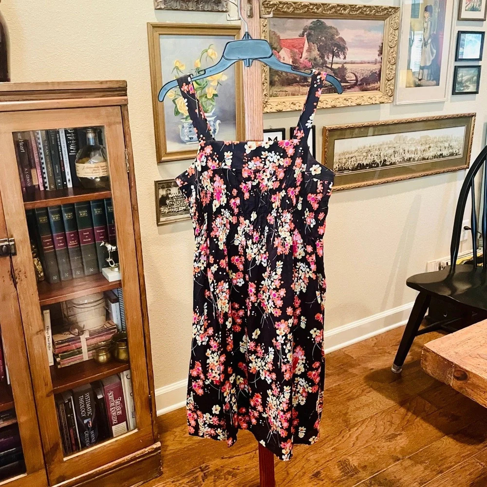 GAP strappy stretch floral midi cotton sun dress lined  SZ 8 black orange pink - Picture 2 of 10